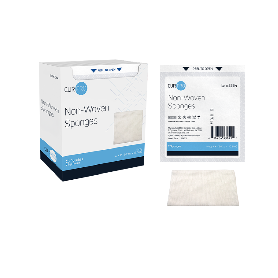 A box labeled "Dynarex CurPro Non-Woven Sponges," a sealed pouch containing two premium non-woven sponges, and one unfolded white sponge are displayed on a white background. The box includes 25 pouches of highly absorbent wound sponges.